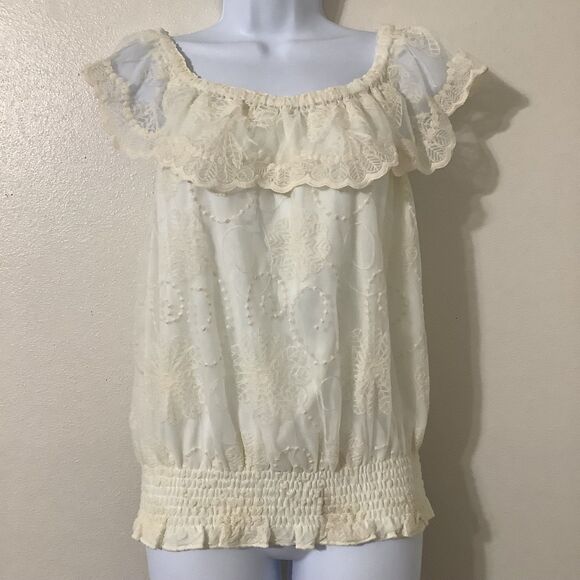 Cream Fairycore Coquette Dollette Lace Feminine Romantic Lace Peasant Blouse PL - Picture 1 of 11